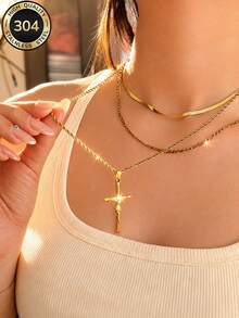 18K Gold Plated Women's European & American Style Vintage Cross Necklace 3pcs Set, Stainless Steel Durable, Daily Layering Gift Accessory - Gold - View 2