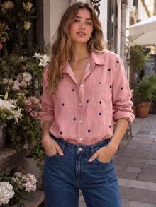 Plus Size Women's Casual Solid Heart Print Long Sleeve Polo Shirt With Pocket, Basic Daily Top, For Spring Summer Fall Pink - Pink - View 1