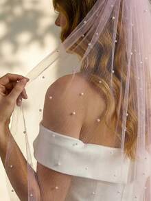1pc Pink See-Through Tulle Scattered Pearl Veil, Long Flowy Bridal Veil For Pre-Wedding Portrait - Multicolor - View 7