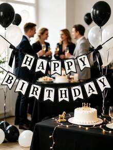 1 Set Banner Bunting Selamat Ulang Tahun Hitam Putih dengan Pita Satin Hitam, Garland Bendera Huruf Sederhana untuk Latar Belakang Foto Pesta Ulang Tahun - Hitam dan putih - View 9
