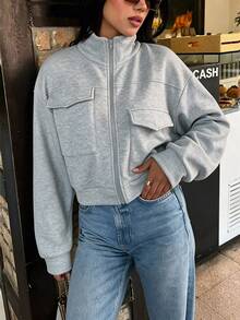 Women's Grey Knit Short Jacket, Stand Collar Zipper Pockets, Long Sleeve Casual Autumn Outerwear - Light Grey - View 4