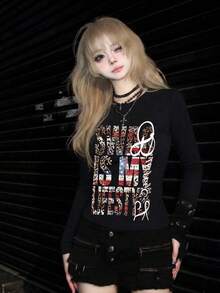 New Black Short Long Sleeve T-Shirt Women Y2K Generation Design English Print Spring Autumn Korean Style Round Neck Versatile Casual Slim Fit Top - Black - View 1