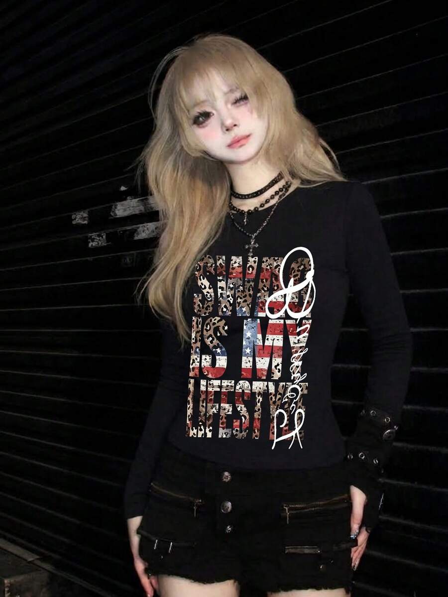 New Black Short Long Sleeve T-Shirt Women Y2K Generation Design English Print Spring Autumn Korean Style Round Neck Versatile Casual Slim Fit Top - Black - View 1