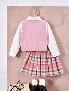 Girls' Fashion Casual Set, Simple Casual Shirt, Fashion Striped Tie, Pink Vest, And Pink Plaid Pleated Skirt - Pink - View 2