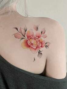 1pc Temporary Tattoo Sticker, Pink Gradient Peony With Leaves Pattern, Realistic Tattoo Design, Suitable For Daily Wear, Bachelorette Party Favors, Music Festivals, Games, Graduation Gifts, Lasts 3-5 Days - Multicolor - View 5