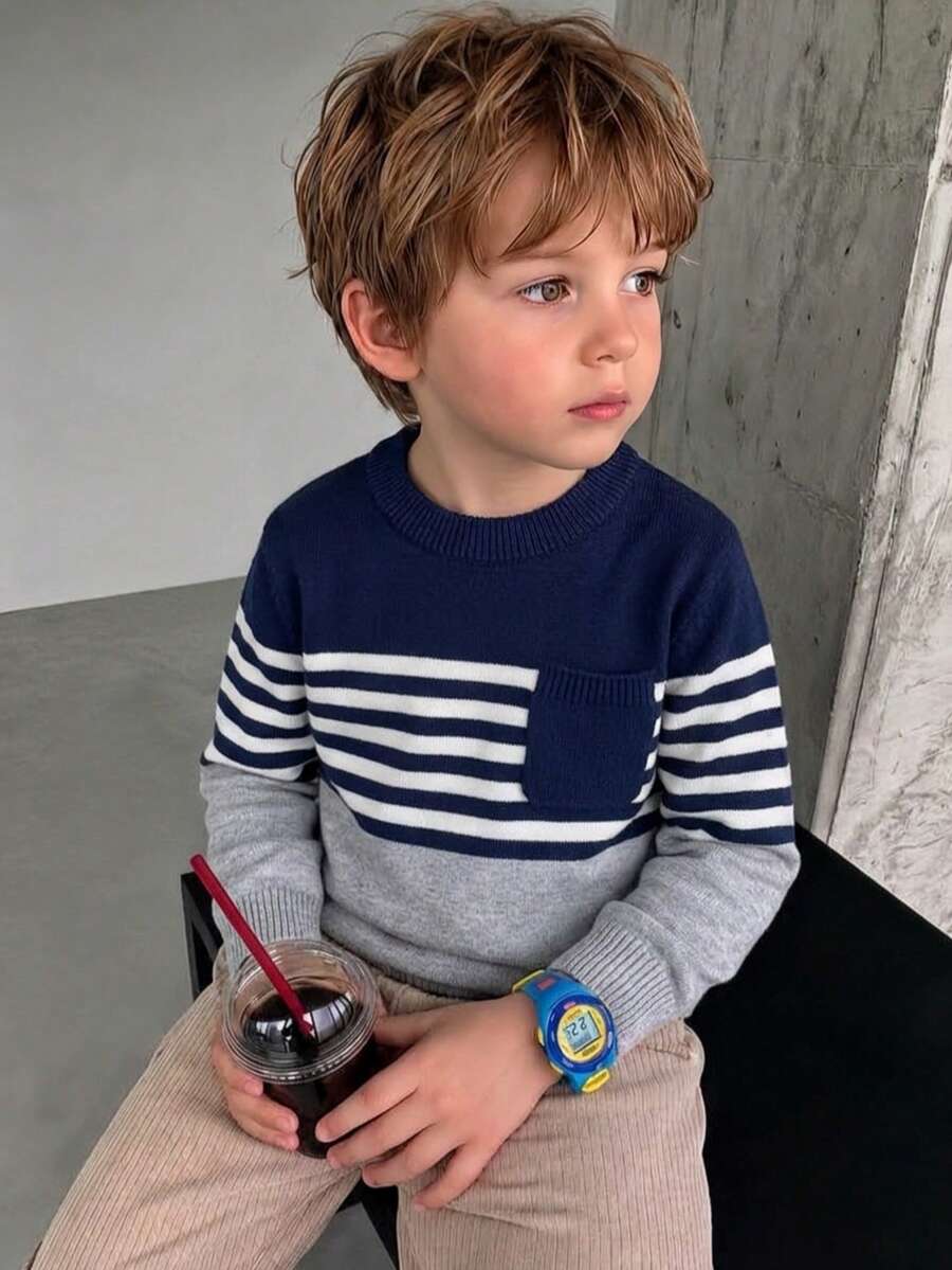 Boys' Preppy Colorblock Striped Pullover Sweater With Pockets, Suitable For Vacation, Spring, Autumn, Winter - Grey - View 1