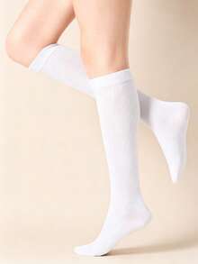 1/2/3 Pairs Women's Solid Color Calf Socks, Classic Plain Ribbed Cuff Knee-High Socks, Soft Comfortable Preppy Style Long Socks, Suitable For Uniform And Daily Wear - Multicolor - View 3