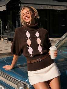 VINOVA Pull élégant en tricot de diamant pour femmes, mode automne, manches mi-longues, col montant, top sweat-shirt, fête, rentrée scolaire, Noël, sortie - Tabac - Voir 2