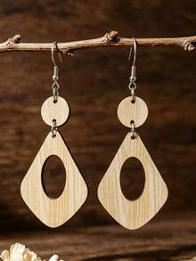 1 Pasang Anting-Anting Gaya Bohemian Minimalis Geometris Berongga Belah Ketupat Dua Lapis Patchwork Vintage - coklat muda - View 1