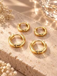 VceTd 12PCS French Elegant Style Stainless Steel Stud/Hoop Earrings Set With Embellished Decor, Multiple Styles, Suitable For Banquet Or Wedding Wear - Yellow Gold - View 6