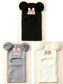 1Pc Children 1‑8Y Winter Knit Balaclava Helmet Hat, Cute Sleeping Rabbit , Two Big Fluffy Pom Pom Balls, Full Neck Cover Warm Keeping For Outdoor Use - Multicolor - View 19