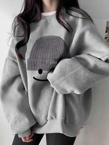 Minimalist Cute Knit Hat Smiling Face Print Crew Neck Sweatshirt Women Loose Korean Style Daily Versatile Light Gray Autumn Long Sleeve - Light Grey - View 1