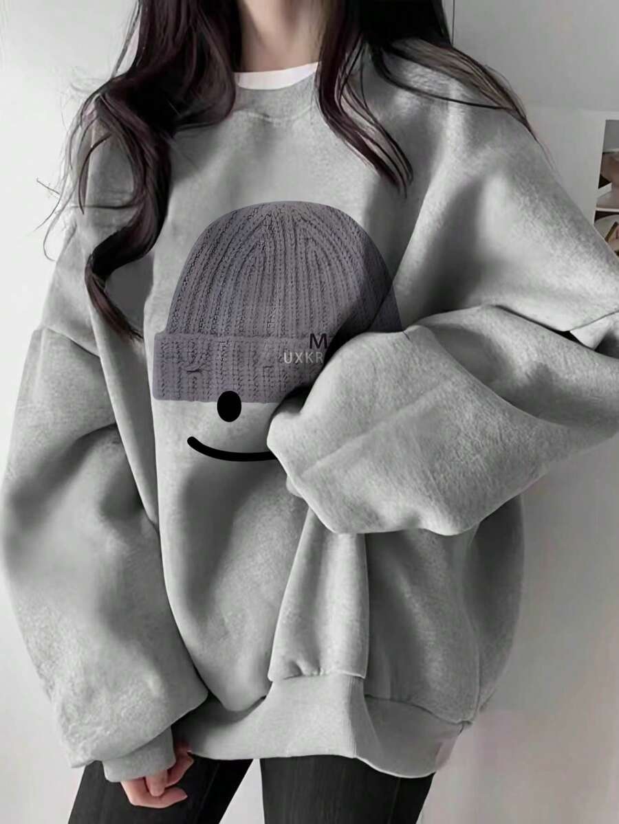 Minimalist Cute Knit Hat Smiling Face Print Crew Neck Sweatshirt Women Loose Korean Style Daily Versatile Light Gray Autumn Long Sleeve - Light Grey - View 1