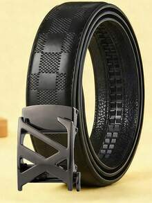 Men Black Embossed Ratchet Waist Belt, Double Ring Automatic Buckle Design, Versatile Adjustable Waistband For Formal & Casual - Multicolor - View 1