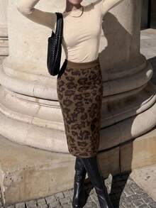 Women's Fashion Street Leopard Print Knit Midi Skirt - Brown - View 2