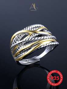 1pc Vintage Two-Tone S925 Sterling Silver Twisted Rope Textured Polished Gold-Tone Intertwined Wide Open Ring For Women, Daily Wear Gift - Multicolor - View 6