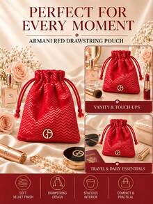 Giorgio Armani Armani Red Drawstring Storage Bag, 16.5*20cm, Single Piece, Velvet Texture, Large Capacity, Ideal For Daily And Travel Makeup Storage - Red - View 9