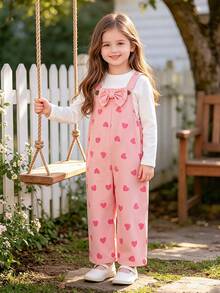Toddler Girls' Overalls Long Pants, Korean Sweet Style, Casual Outwear, Skin-Friendly, Heart Pattern With Bow Decor, Spring/Autumn - Pink - View 4