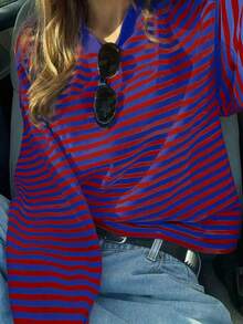 SDNGED Women's Casual Top Striped Contrast Color Ribbed Daily Wear Spring Autumn - Red and Blue - View 4