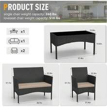 Juego de Muebles de Patio de Mimbre Negro 4 Piezas| Juego de Conversación para Exteriores con Sofá de 2 Plazas 2 Sillones y Mesa de Centro de Vidrio| Cojines Color Arena para Patio y Césped| Fácil de Armar - Negro - Ver 2