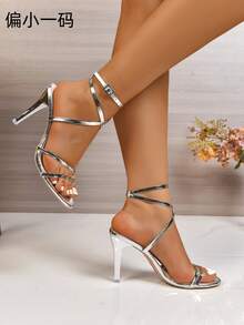 Women's Sexy Lightweight Criss-Cross Strappy Rhinestone Buckle Decor Summer Nightclub Style Versatile Open Toe Formal Super High Heels (Runs Small One Size) - Silver - View 3