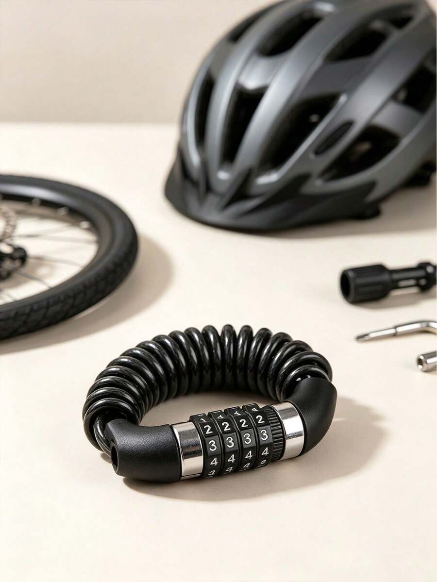 4-Digit Combination Coiled Steel Cable Lock, Portable Anti-Theft Helmet Lock For Bicycle, Motorcycle & E-Bike, Multi-Purpose Luggage & Backpack Security Lock Bike Accessories - Multicolor - View 1