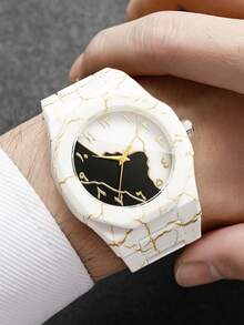 Men's And Women's Plastic Strap Fashion Marble Pattern Arabic Numeral Dial Classic Casual Quartz Wristwatch, Gift For Friends (2pcs/Set) Watch Box Not Included, Note: Strap Pattern Position May Vary - White - View 2