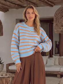NiceArt Women's Round Neck Gradient Striped Blended Knit Sweater, Dropped Shoulder Long Sleeve Pullover, Suitable For Casual, Commute, Campus, Daily, Christmas, New Year - Sky Blue - View 7