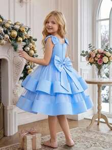 Gaun Pesta Elegan Tanpa Lengan Berbahan Jala Satin dengan Pita di Belakang untuk Anak Perempuan, Cocok untuk Pernikahan, Bando Tidak Termasuk - Baby Blue - View 1