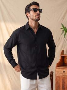 glestore Men's Vintage "Old Money Style" Short Sleeve/Long Sleeve Shirt, Casual Versatile, Commute First Choice, Suitable For Autumn/Winter Wear - Black - View 3