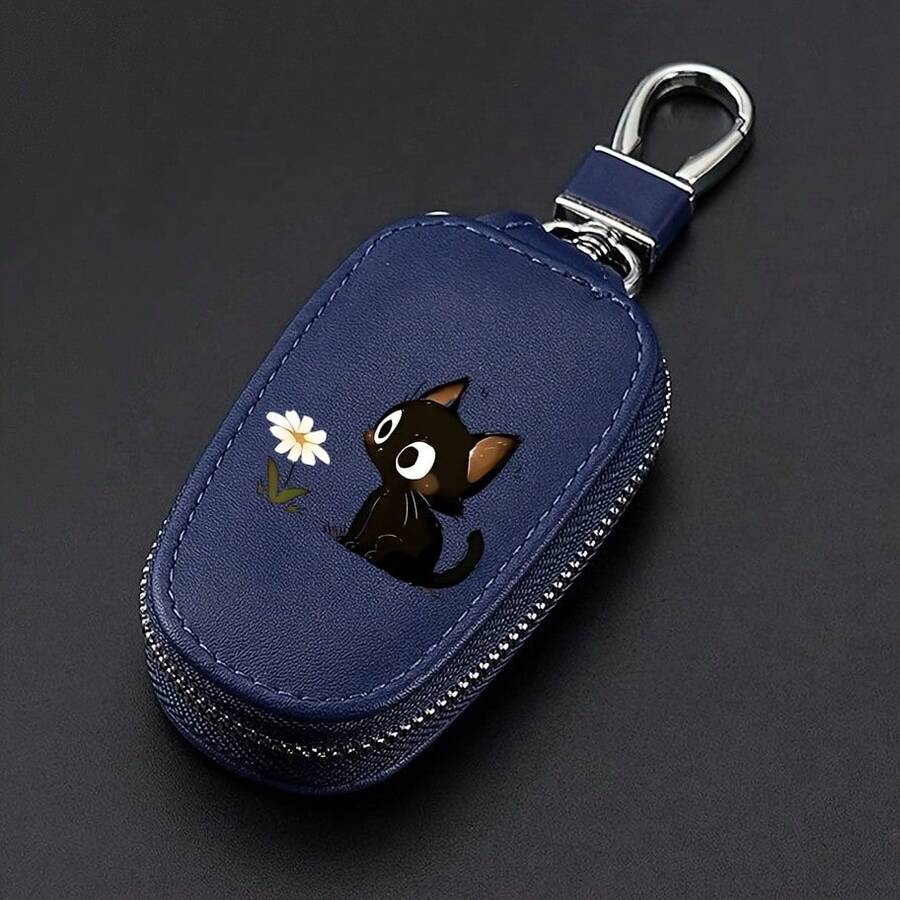 Universal Multifunctional Key Pouch With Cartoon Cat And Flower, For Men And Women, Colorfast Premium Car Smart Keychain Case Holder