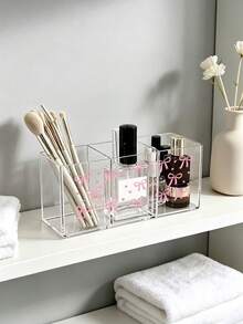 Organizer Meja & Rias Akrilik Plastik Pita Merah Muda dengan Kotak Penyimpanan 3 Kompartemen - Tempat Kuas Makeup Lucu, Rak Hemat Ruang Ringkas Cocok untuk Kamar Mandi, Kantor, Meja Rias - Mudah Dirakit, Organizer Parfum - MultiWarna - View 3