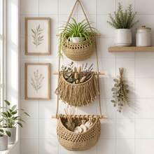 3-Tier Bohemian Style Wall-Mounted Hand-Woven Natural Rope Storage Basket, Rustic Hanging Fruit Vegetable Organizer, Space Saving Multi-Functional Macrame Decor For Kitchen Pantry Bathroom Entryway - Multicolor - View 6