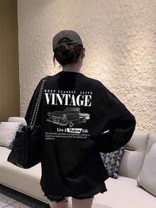 Women's Spring/Autumn Loose Fit Versatile Round Neck Fashion Casual Letter & Cartoon Car Print Long Sleeve T-Shirt - Black - View 1