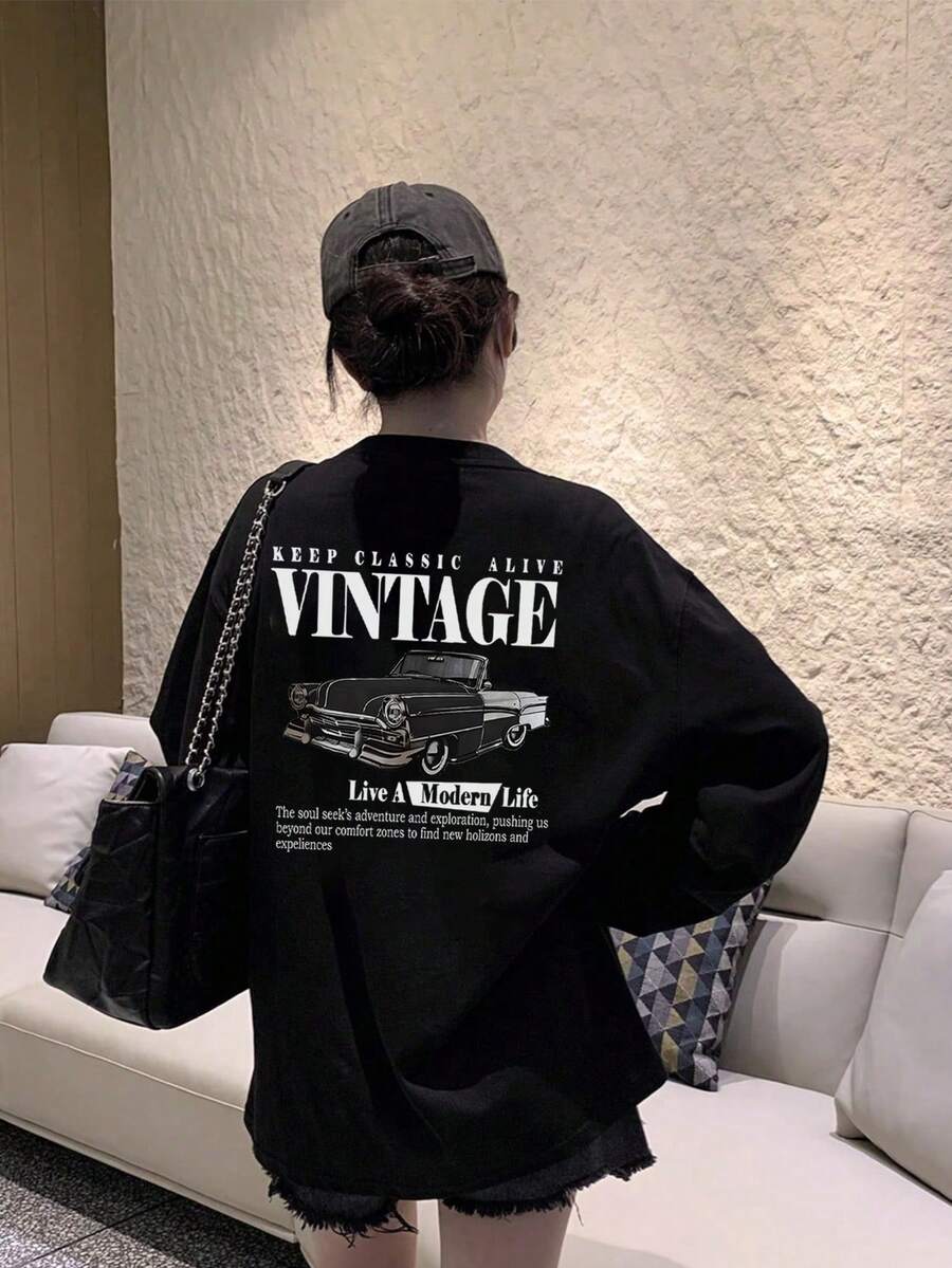 Women's Spring/Autumn Loose Fit Versatile Round Neck Fashion Casual Letter & Cartoon Car Print Long Sleeve T-Shirt - Black - View 1