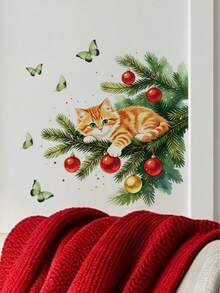 Watercolor Red Cardinal Pine Branch Wall Decal, Orange Kitten Perched On Christmas Pine Branch, Robin Wearing Red Hat, Red Berries, DIY Peel And Stick Vinyl Sticker, Bedroom Kitchen Bathroom Wall Refrigerator Cabinet Toilet Window Christmas Atmosphere Decor, Gift - Multicolor - View 7