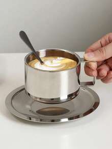 1pc Vintage Stainless Steel Coffee Cup & Saucer Set, Suitable For Exquisite Styling, Vlog Shooting And Afternoon Tea - Silver - View 6