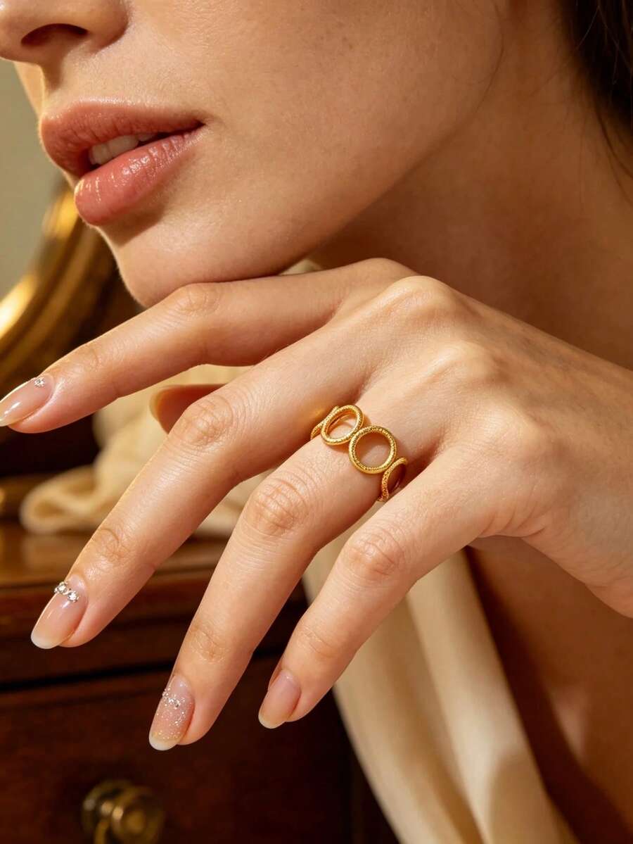 1pc Elegant Vintage 304 Stainless Steel Hollow Multi-Layer Geometric Ring With Twisted Texture, Open Adjustable Design For Women, Suitable For Party, Vacation And Daily Wear - Multicolor - View 1