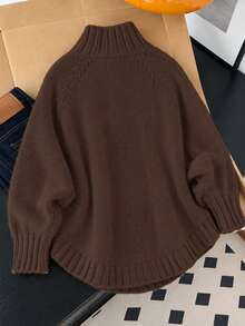 Plus Size High Neck Cable Knit Sweater, Raglan Long Sleeve Loose Solid Pullover - Coffee Brown - View 2