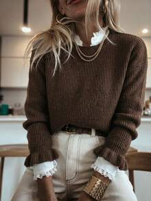 MORI Musim Gugur Musim Dingin Y2K Sweater Rajut Cokelat Kasual Elegan Wanita Lengan Ruffle Atasan Pullover untuk Pesta Liburan Konser - kopi - View 1