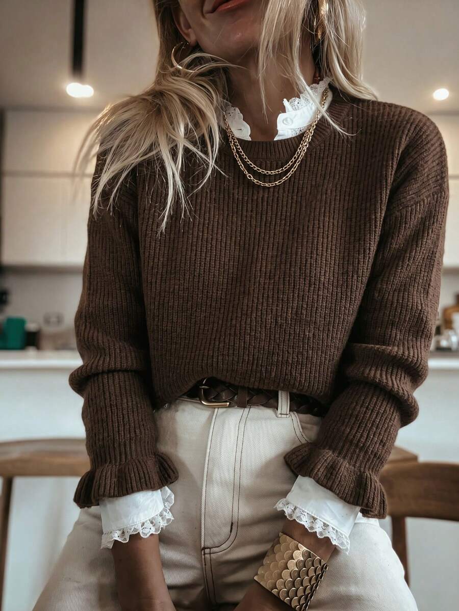 MORI Musim Gugur Musim Dingin Y2K Sweater Rajut Cokelat Kasual Elegan Wanita Lengan Ruffle Atasan Pullover untuk Pesta Liburan Konser - kopi - View 1