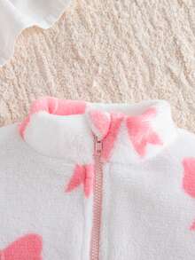 Autumn/Winter Baby Girl Bow Print Stand Collar Zipper Cardigan Fleece Jacket - Pink - View 7
