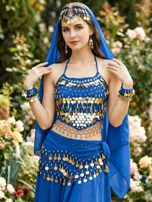 Coin Dangle Forehead Headscarf + Wrist Cuffs + Chest Ornament + Hip Decor, Multi-Scenario Body Decor For Belly Dance Halloween Cosplay Desert Travel Theme Party (Multiple Colors Available) - Multicolor - View 8