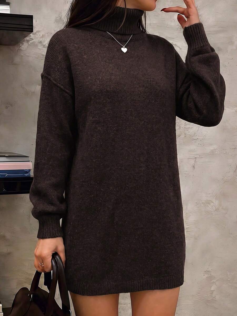 Unadoll Women's Brown High Neck Knitted Sweater, Elegant Basic Style, Suitable For Back To School Season And Daily Wear - Brown - View 1