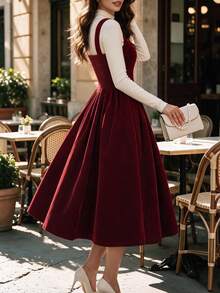 DONICY Women's Elegant Autumn Square Neck Cami Midi Dress, Burgundy High Waist Flowy A-Line Long Dress - Burgundy - View 2