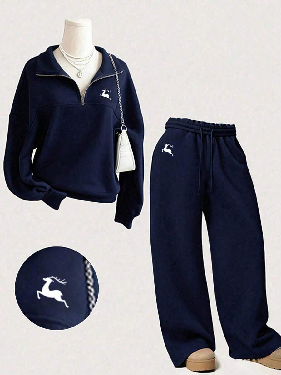 Youth Girl Cartoon Pattern Embroidered Half-Zip Stand Collar Sweatshirt And Pants - Royal Blue - View 1
