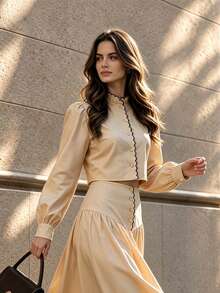 Fall Vintage Apricot Crop Top, Elegant Ruffle Neck Puff Sleeve Blouse, Wavy Trim Button Down Shirt For Fall Winter - Apricot - View 8
