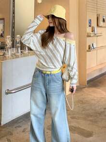 Women's White Striped Asymmetric Cold Shoulder Button Long Sleeve Top - White - View 6