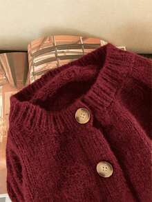 Plus Size Women's Solid Color Long Sleeve Single-Breasted Casual Knit Cardigan - Burgundy - View 3