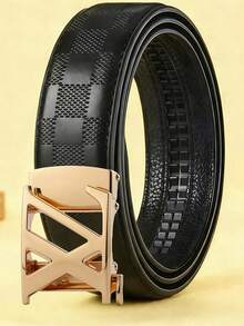 Men Black Embossed Ratchet Waist Belt, Double Ring Automatic Buckle Design, Versatile Adjustable Waistband For Formal & Casual - Multicolor - View 2
